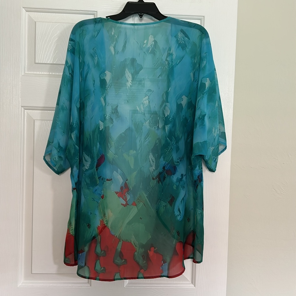 Sheer Turquoise/Teal Blue and Red Kimono Cardigan